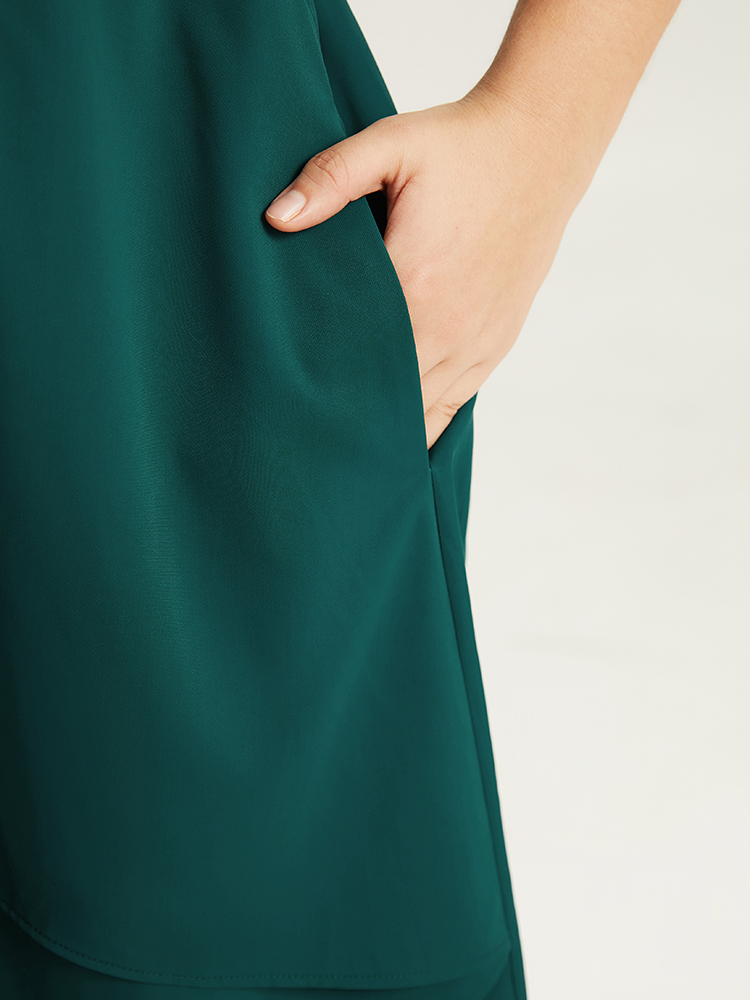 

Plus Size Twill Flutter Shirred Asymmetrical Layered Hem Dress Teal Women At the Office Elastic cuffs Round Neck Elbow-length sleeve Curvy Midi Dress BloomChic