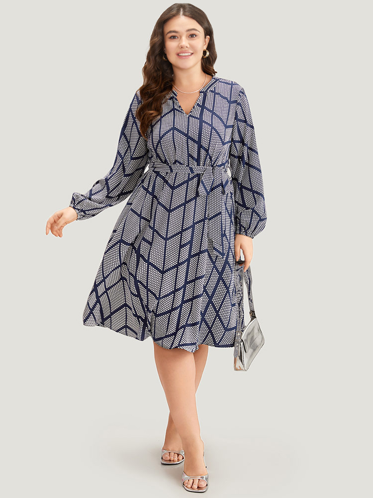 

Plus Size Polka Dot Geometric Belted Lantern Sleeve Dress Indigo Women Elastic cuffs Notched collar Long Sleeve Curvy Midi Dress BloomChic