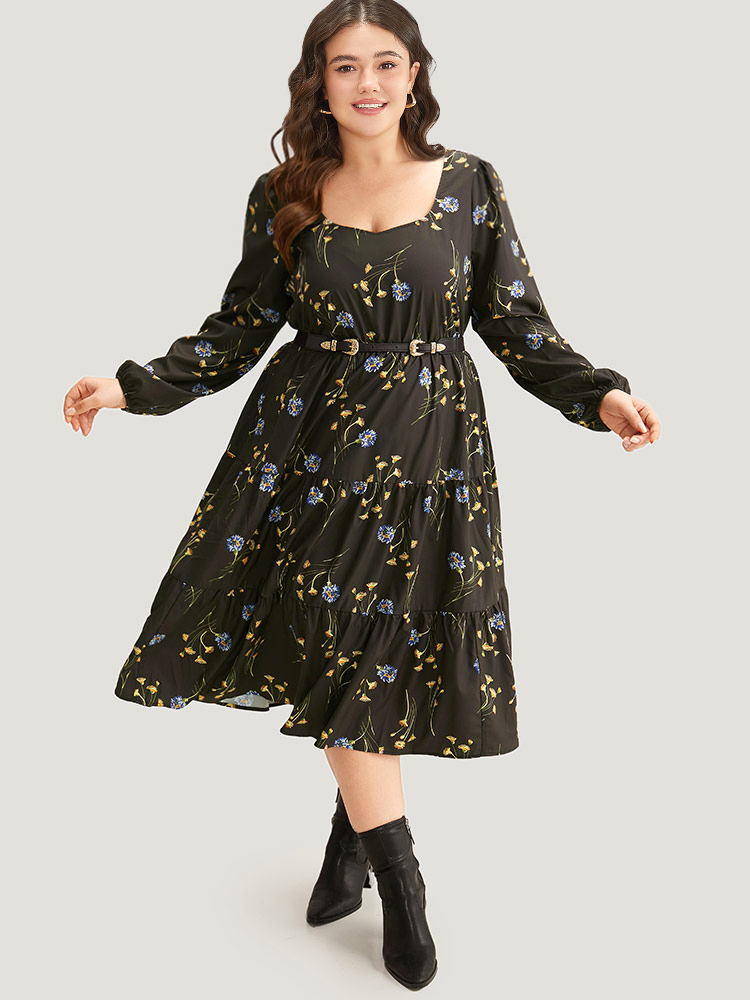 

Plus Size Floral Print Ruffle Hem Elastic Cuffs Dress Black Women Elegant Elastic cuffs Square Neck Long Sleeve Curvy Midi Dress BloomChic