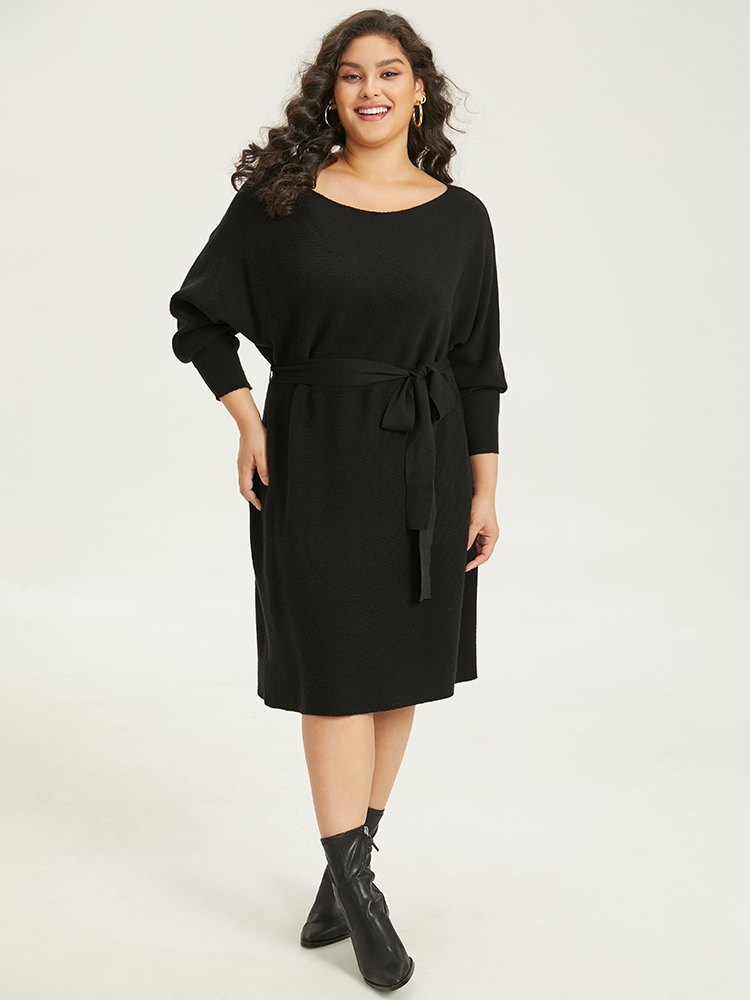 

Plus Size Supersoft Essentials Boat Neck Belted Sweater Dress Black Women Casual Long Sleeve Everyday Sweater Dresses BloomChic