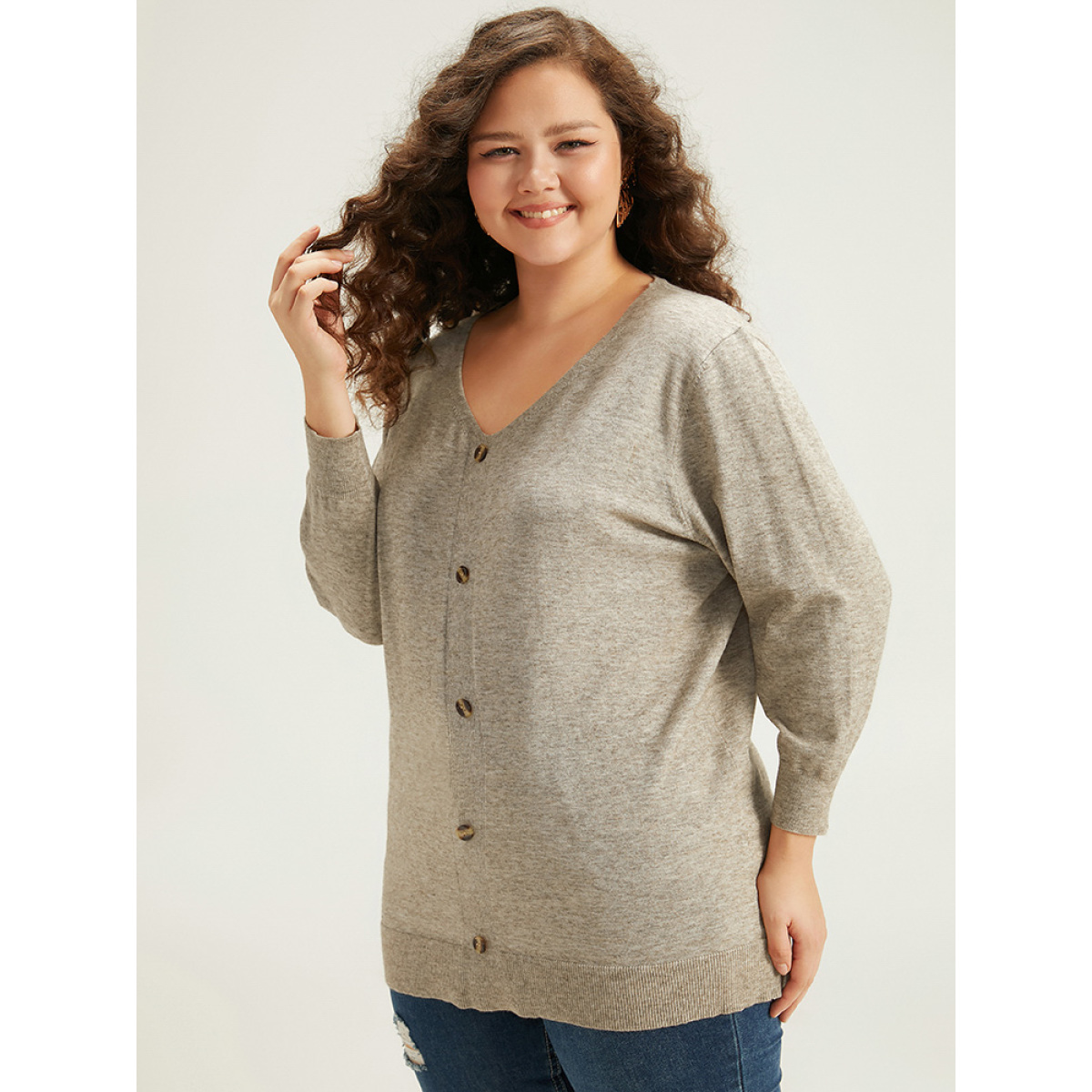 

Plus Size Supersoft Essentials Button Detail Solid V Neck Cardigan Champagne Women Casual Elbow-length sleeve Dailywear Cardigans BloomChic