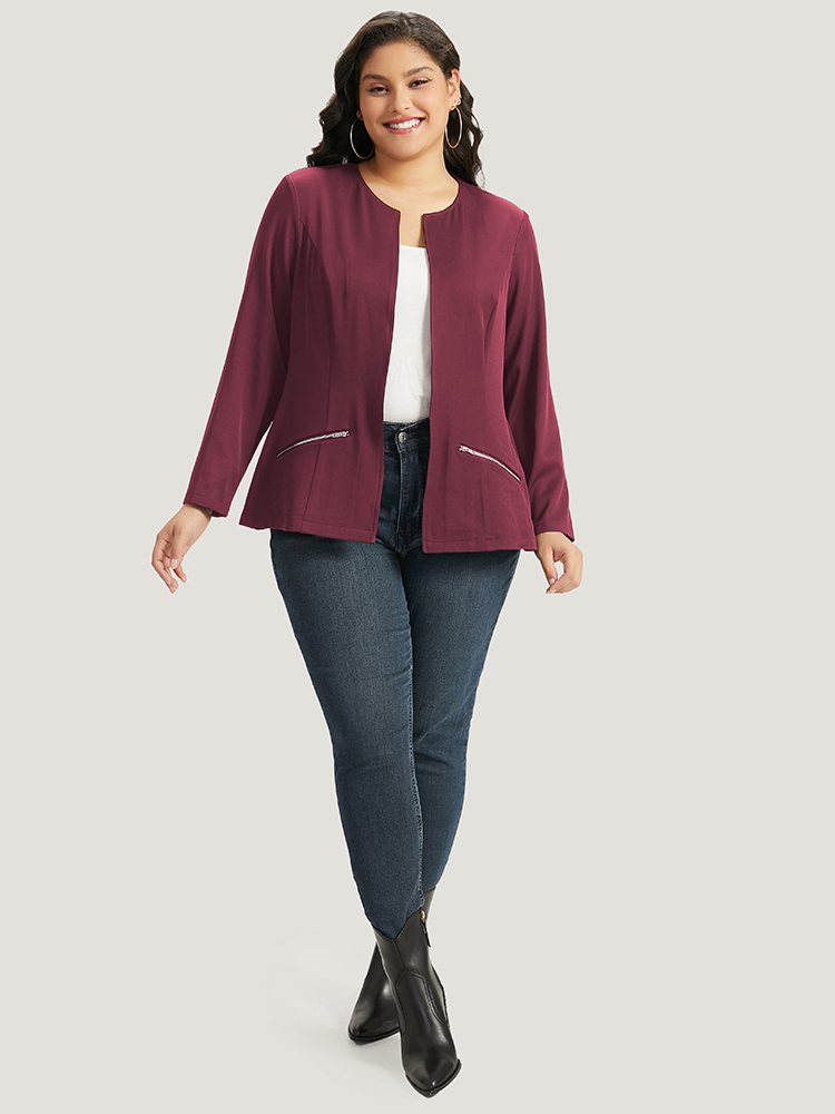 

Plus Size Solid Zipper Open Front Blazer Women Burgundy Plain Dailywear Jackets BloomChic