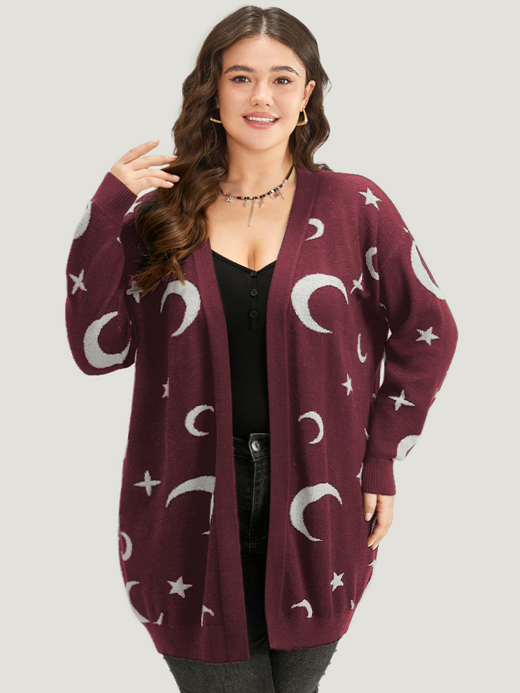 

Plus Size Moon Print Open Front Cardigan Burgundy Women Casual Everyday Cardigans BloomChic
