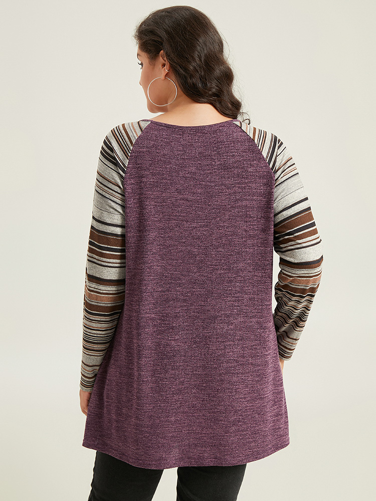 

Plus Size Striped Patchwork Pocket Raglan Sleeve T-shirt Purple Round Neck Long Sleeve Casual Jersey Tops