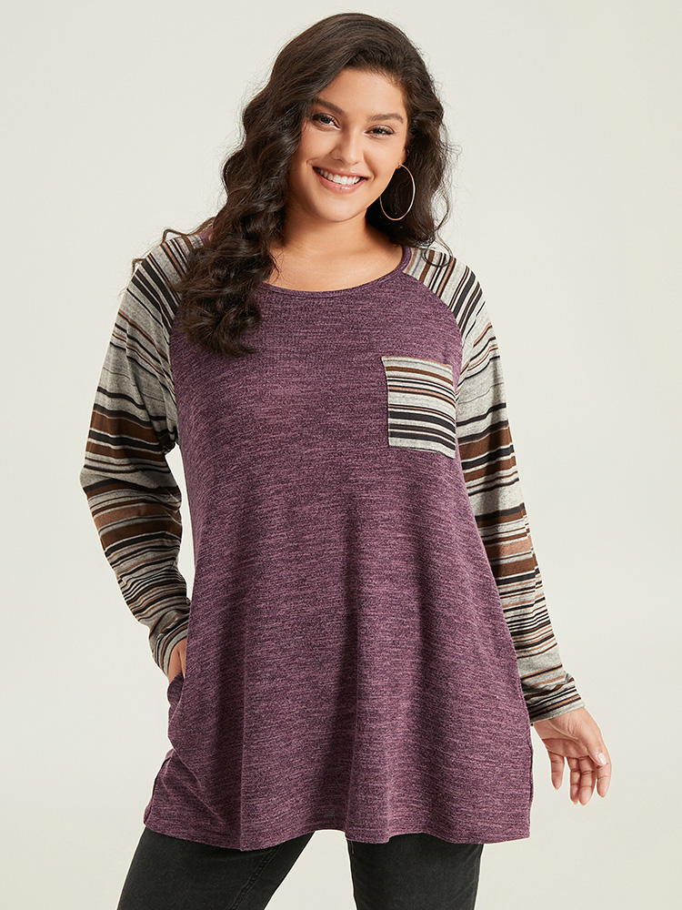 

Plus Size Striped Patchwork Pocket Raglan Sleeve T-shirt Purple Round Neck Long Sleeve Casual Jersey Tops