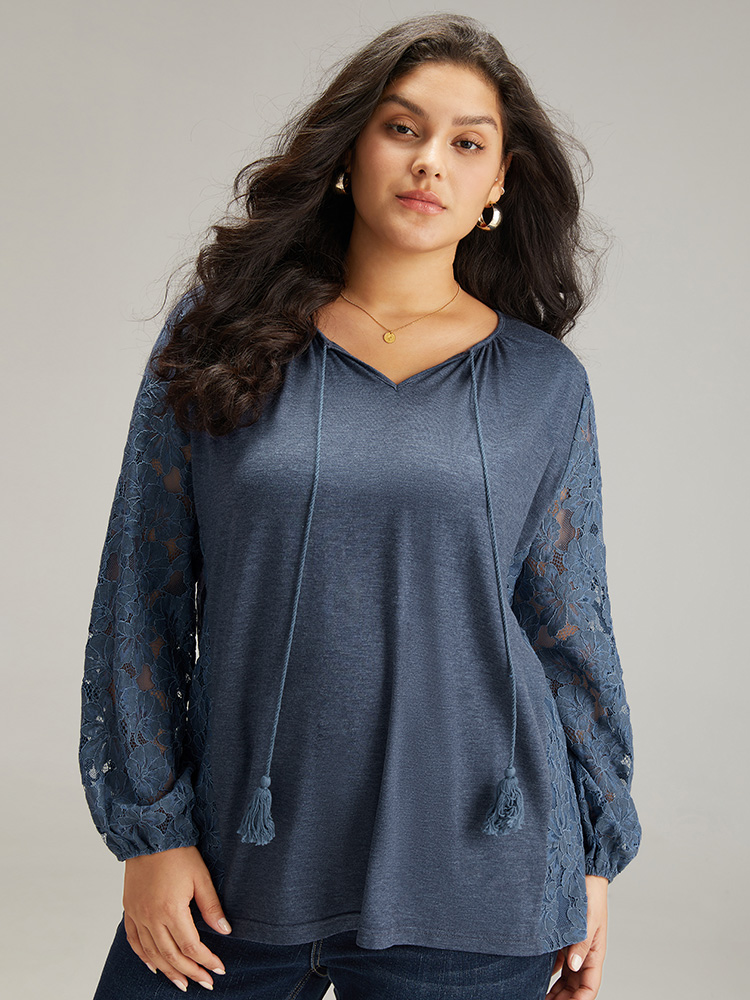 

Plus Size Plain Guipure Lace Tassel T-shirt Blue V-neck Long Sleeve Elegant Jersey Tops