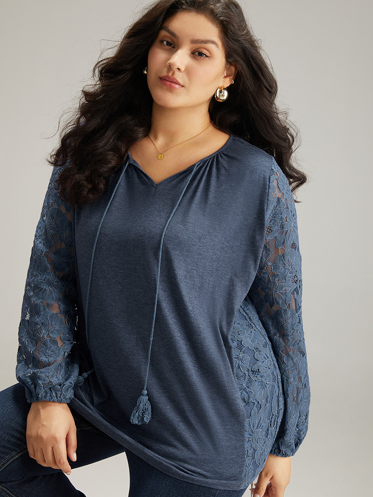 

Plus Size Plain Guipure Lace Tassel T-shirt Blue V-neck Long Sleeve Elegant Jersey Tops