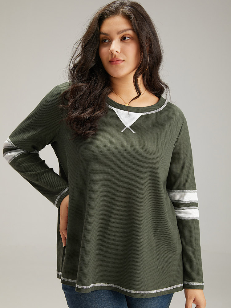 Plus Size Waffle Knit Striped Contrast Stitch T-shirt Green Women Casual Contrast Striped Round Neck Dailywear T-shirts BloomChic 26/4X 