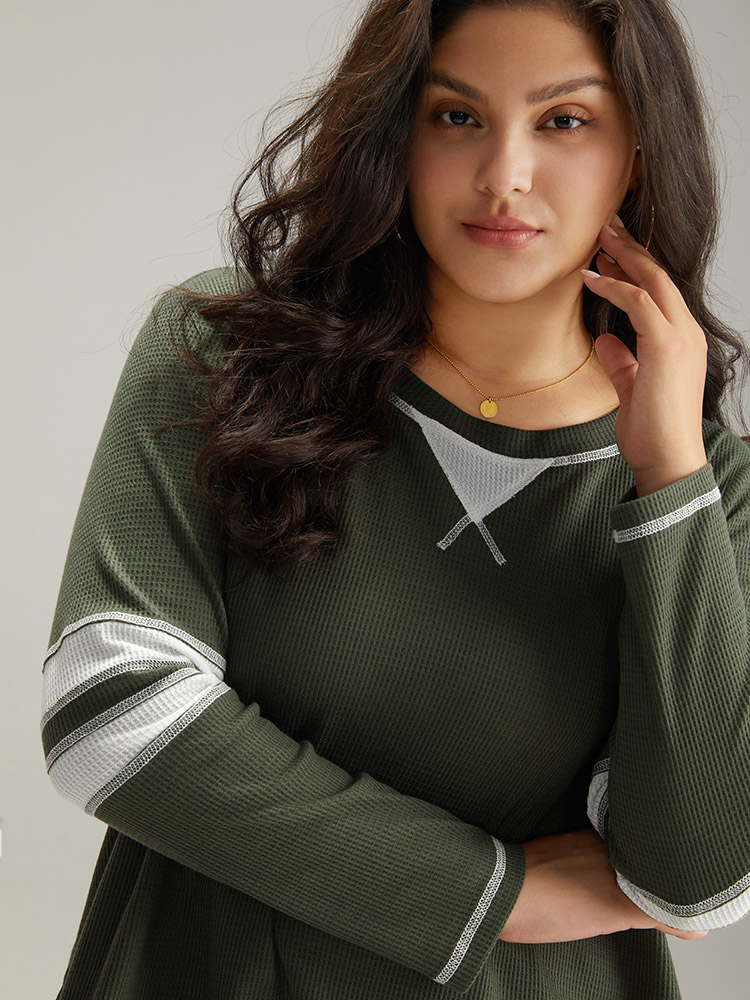 Plus Size Waffle Knit Striped Contrast Stitch T-shirt Green Women Casual Contrast Striped Round Neck Dailywear T-shirts BloomChic 26/4X 