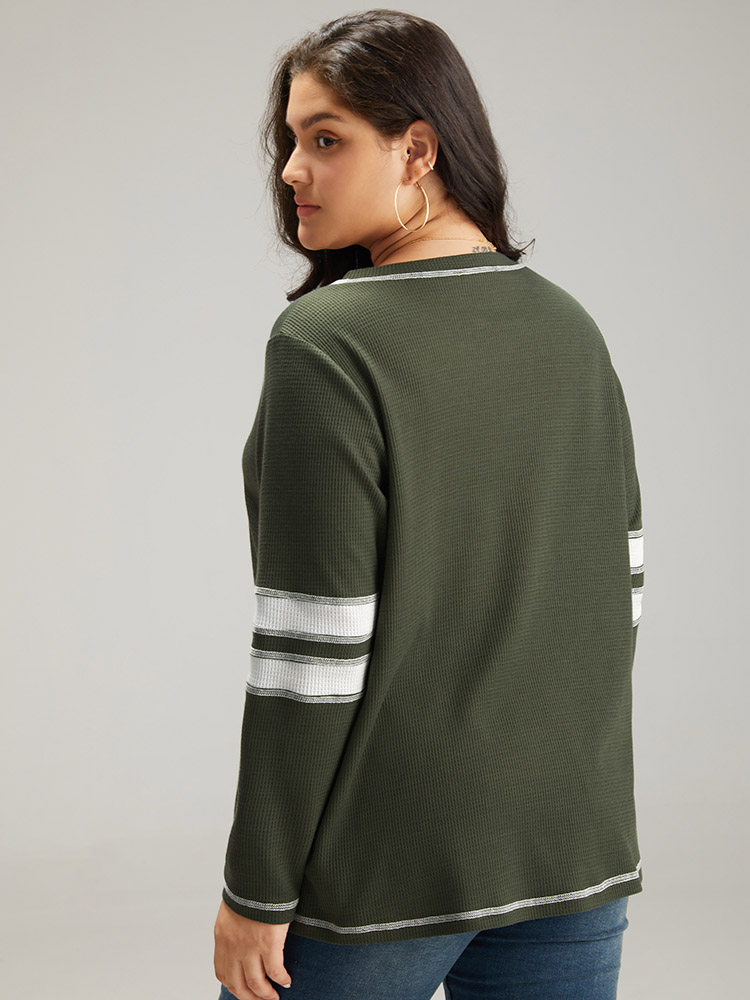 Plus Size Waffle Knit Striped Contrast Stitch T-shirt Green Women Casual Contrast Striped Round Neck Dailywear T-shirts BloomChic 26/4X 