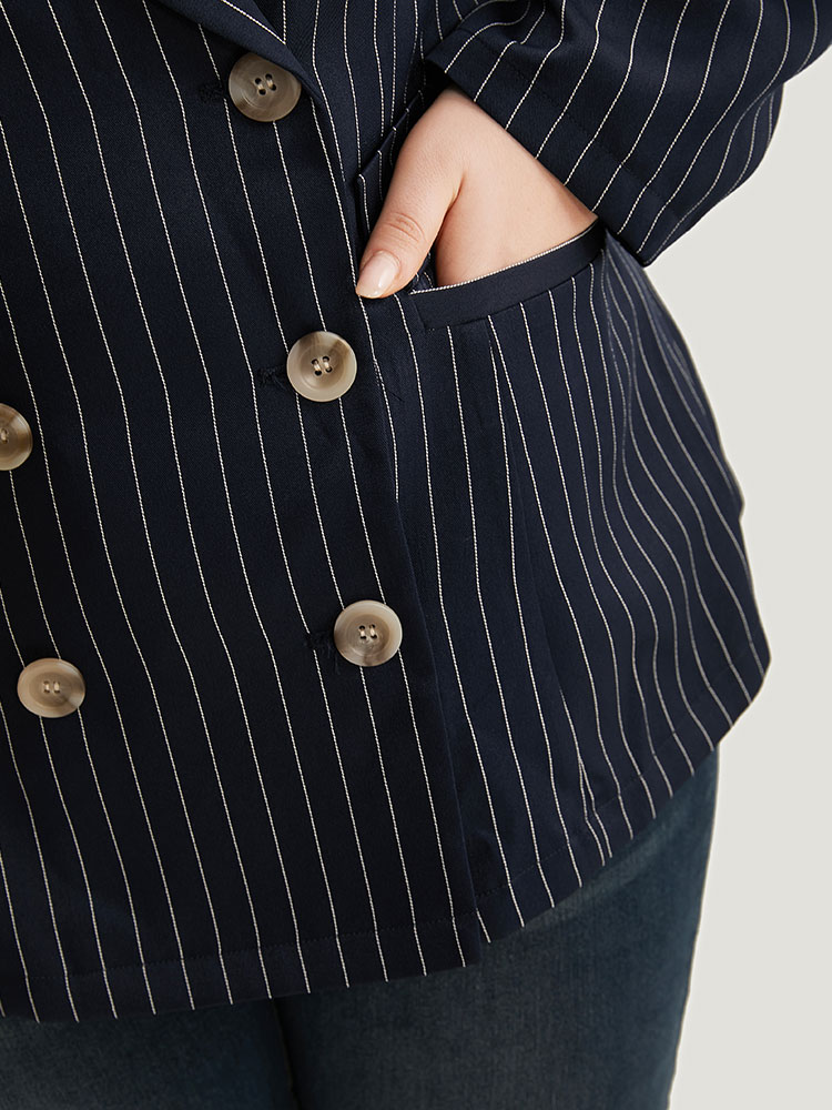 Plus Size Suit Collar Striped Double Breasted Blazer Blue Women Work Striped Button Sleeve Long Sleeve Suit Collar 12/L Pocket Office Blazers BloomChic 