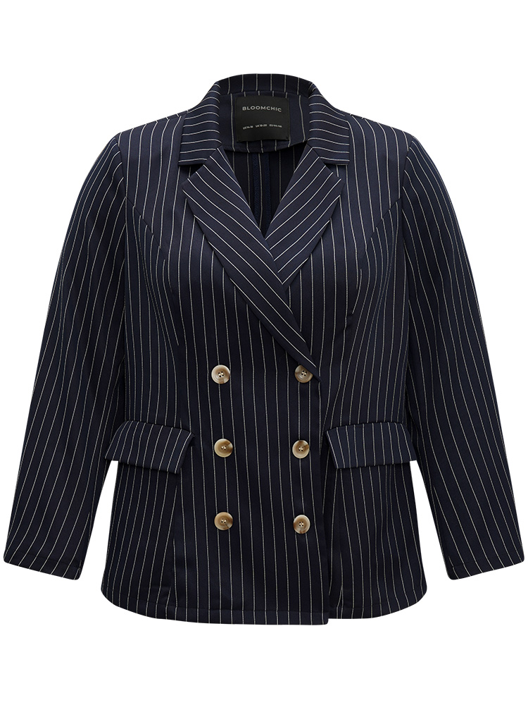 Plus Size Suit Collar Striped Double Breasted Blazer Blue Women Work Striped Button Sleeve Long Sleeve Suit Collar 12/L Pocket Office Blazers BloomChic 