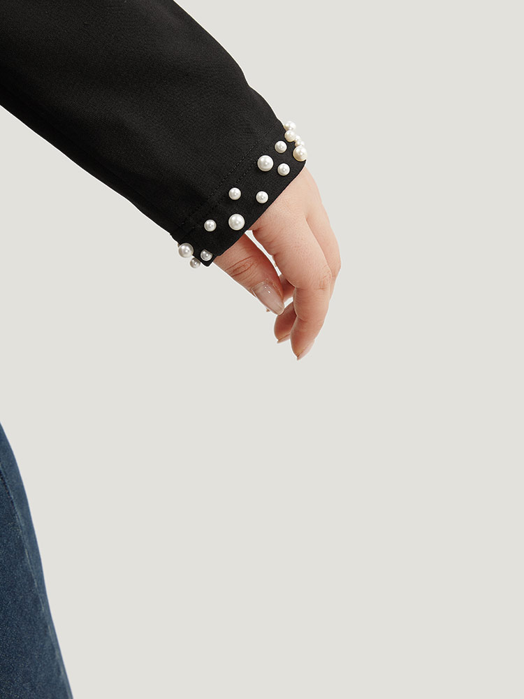 

Plus Size Pearl Beaded Zipper Plicated Detail Coat Women Black Work From Home Plain Ladies Work Winter Coats BloomChic