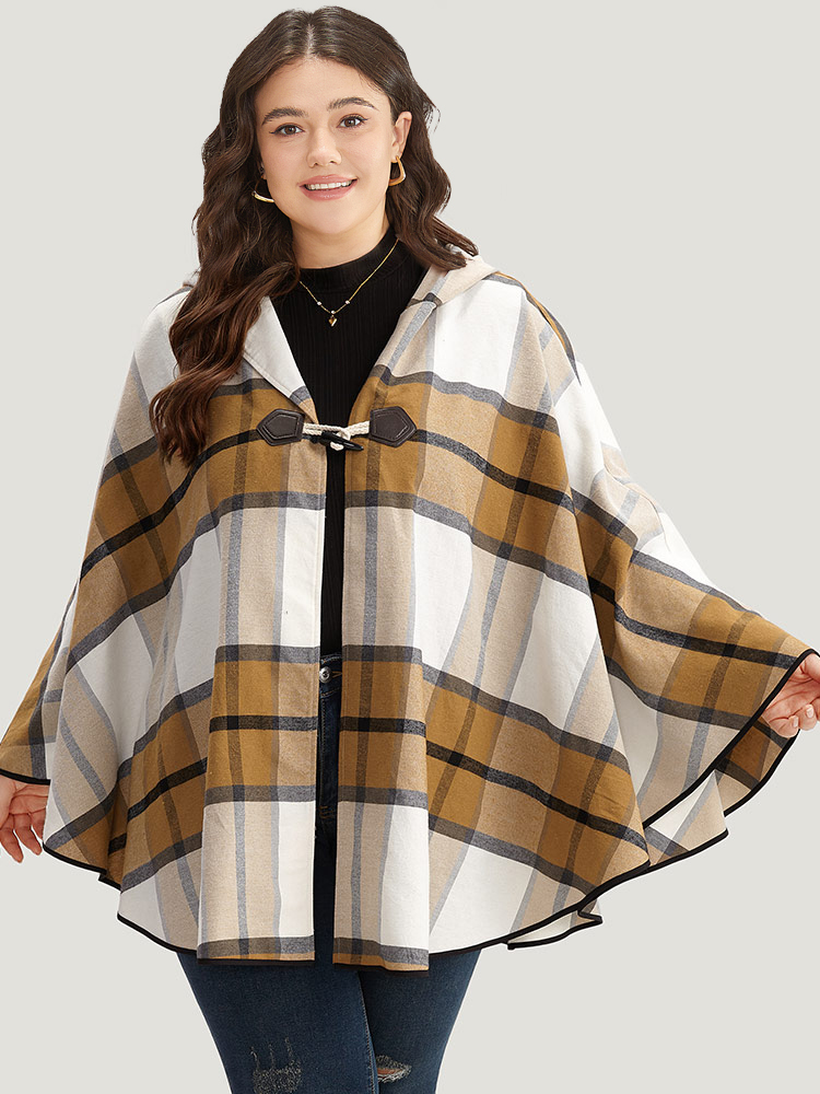 

Plus Size Plaid Duffle Button Hooded Cape Coat Women Bronze Casual Button Loose Ladies Dailywear Winter Coats BloomChic