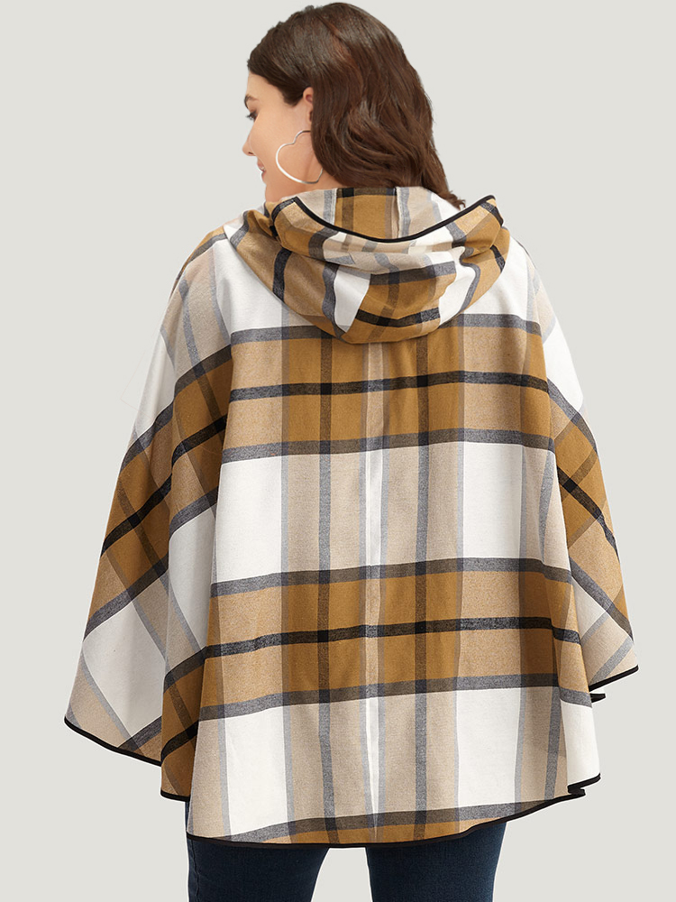 Plus Size Plaid Duffle Button Hooded Cape Coat Women Bronze Casual Button Loose Ladies Dailywear Winter Coats BloomChic 18-20/2X 