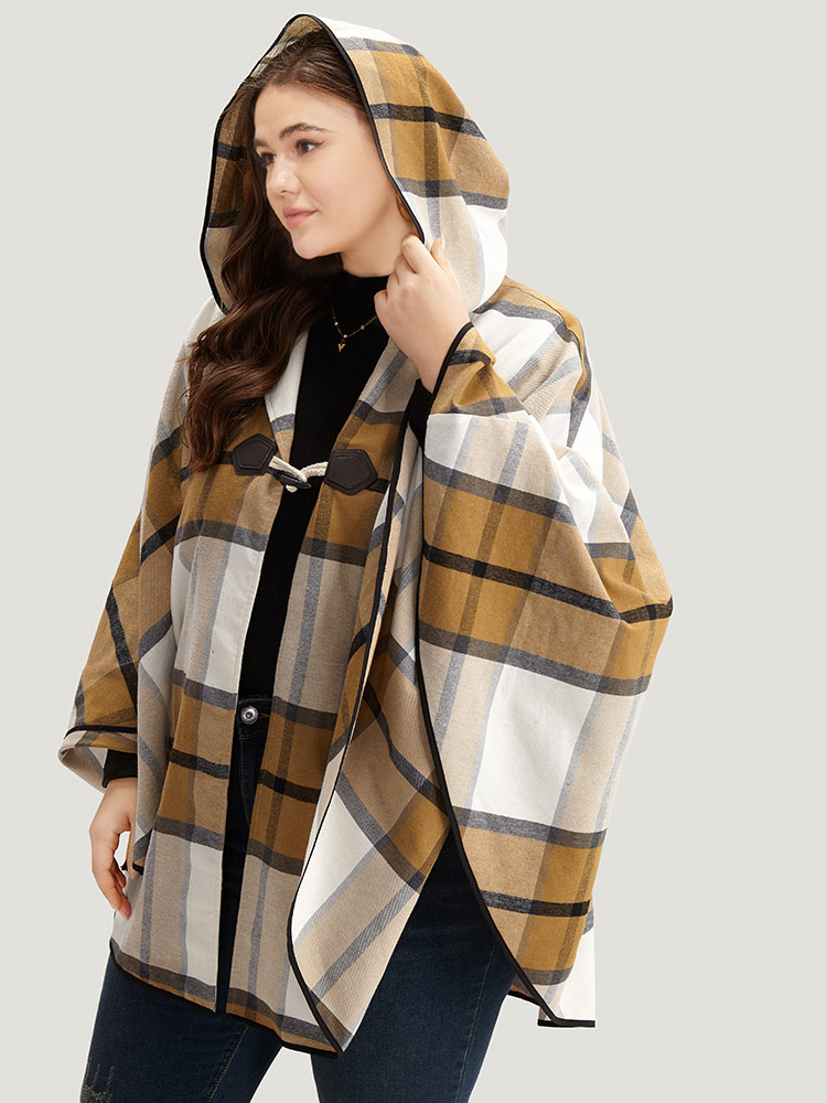 Plus Size Plaid Duffle Button Hooded Cape Coat Women Bronze Casual Button Loose Ladies Dailywear Winter Coats BloomChic 18-20/2X 