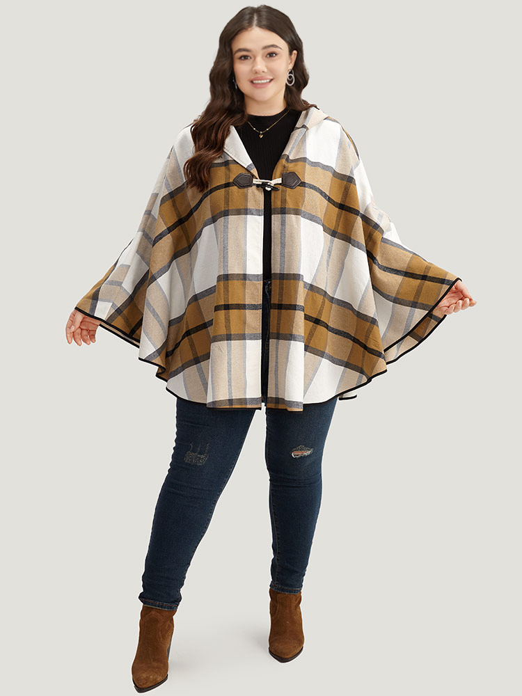 Plus Size Plaid Duffle Button Hooded Cape Coat Women Bronze Casual Button Loose Ladies Dailywear Winter Coats BloomChic 18-20/2X 