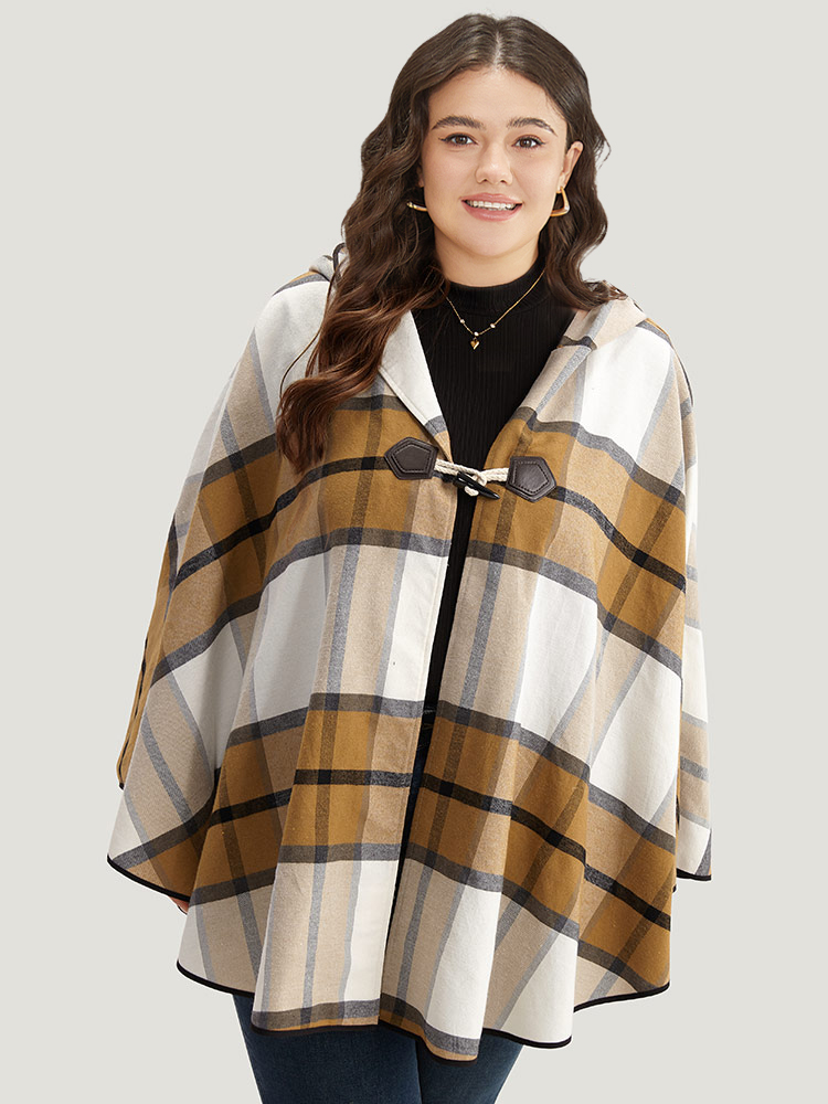 Plus Size Plaid Duffle Button Hooded Cape Coat Women Bronze Casual Button Loose Ladies Dailywear Winter Coats BloomChic 18-20/2X 