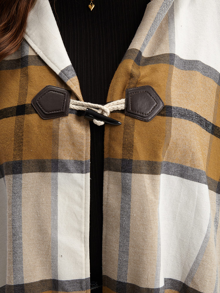 Plus Size Plaid Duffle Button Hooded Cape Coat Women Bronze Casual Button Loose Ladies Dailywear Winter Coats BloomChic 18-20/2X 