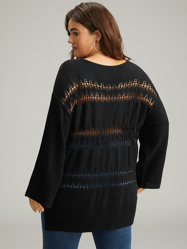 

Plus Size Solid Hollow Out Split V Neck Pullover Black Women Casual Loose Long Sleeve V-neck Everyday Pullovers BloomChic