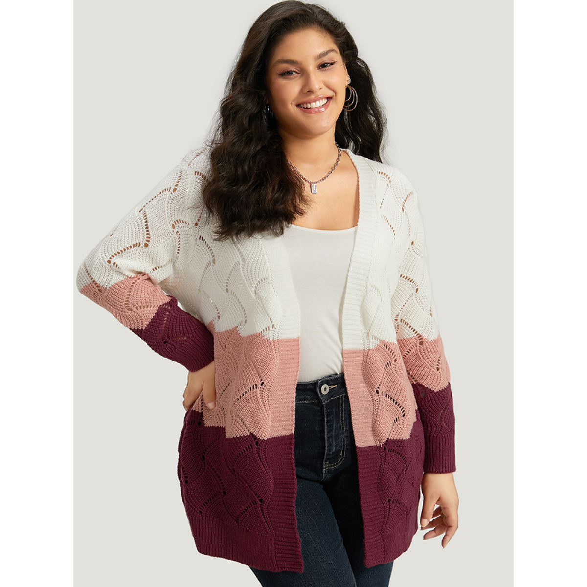 

Plus Size Colorblock Contrast Open Front Eyelet Cardigan Multicolor Women Casual Loose Long Sleeve Dailywear Cardigans BloomChic