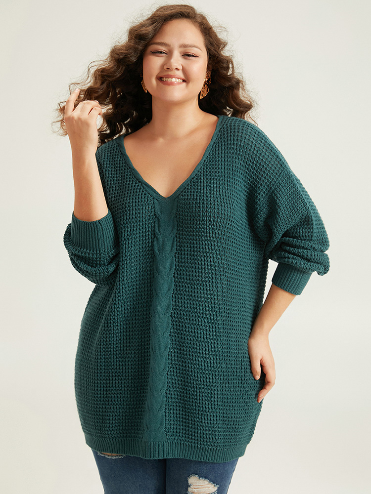 

Plus Size Cable Knit Plain Elastic Cuffs Pullover Cyan Women Casual Loose Long Sleeve V-neck Dailywear Pullovers BloomChic