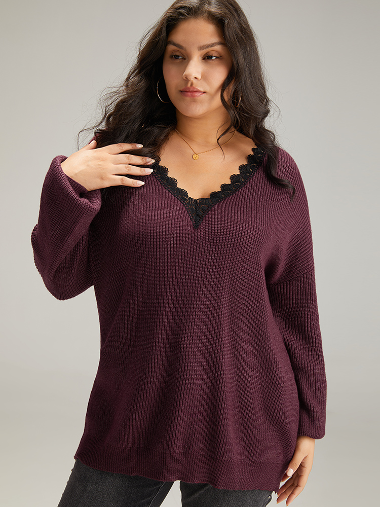

Plus Size Supersoft Essentials Lace Insert Drop Shoulder Pullover Burgundy Women Casual Loose Long Sleeve V-neck Dailywear Pullovers BloomChic