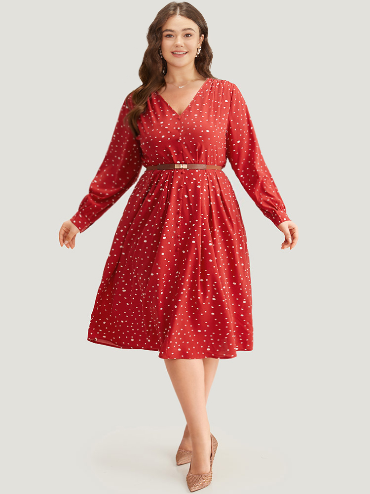 

Plus Size Polka Dot Button Detail Pleated Dress Crimson Women Elegant Printed V-neck Long Sleeve Curvy Midi Dress BloomChic