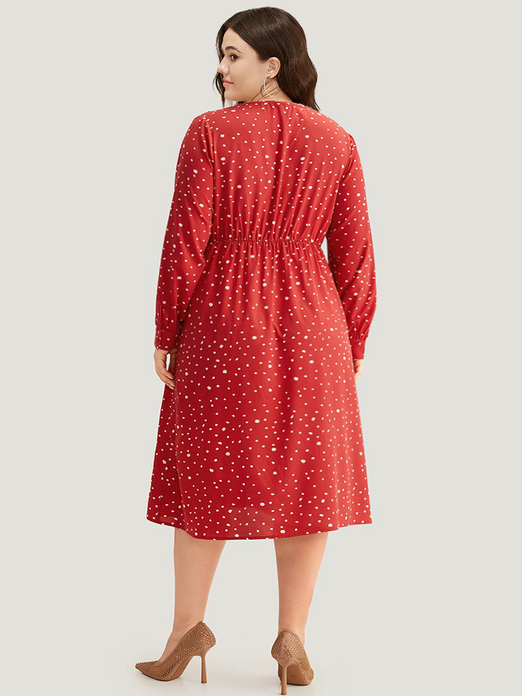 Plus Size Polka Dot Button Detail Pleated Dress Crimson Women Elegant Printed V-neck Long Sleeve Curvy Midi Dress BloomChic 10/M 