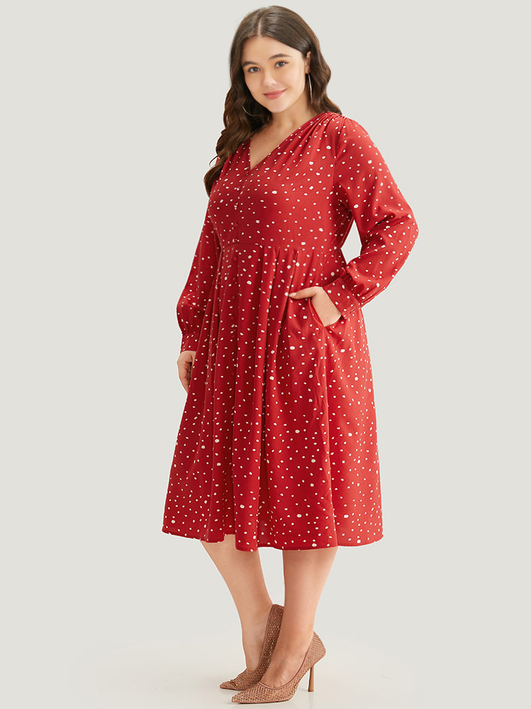 Plus Size Polka Dot Button Detail Pleated Dress Crimson Women Elegant Printed V-neck Long Sleeve Curvy Midi Dress BloomChic 10/M 