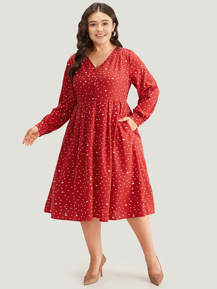 Plus Size Polka Dot Button Detail Pleated Dress Crimson Women Elegant Printed V-neck Long Sleeve Curvy Midi Dress BloomChic 10/M 