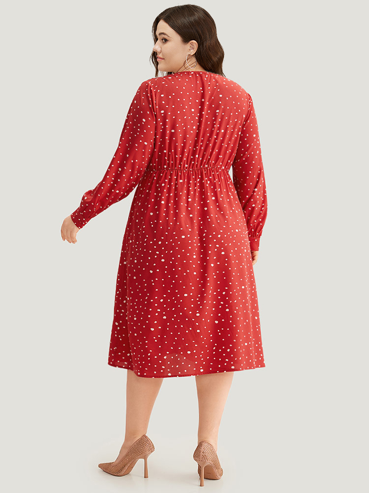 Plus Size Polka Dot Button Detail Pleated Dress Crimson Women Elegant Printed V-neck Long Sleeve Curvy Midi Dress BloomChic 10/M 