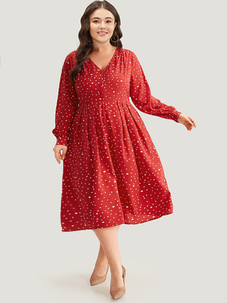 Plus Size Polka Dot Button Detail Pleated Dress Crimson Women Elegant Printed V-neck Long Sleeve Curvy Midi Dress BloomChic 10/M 