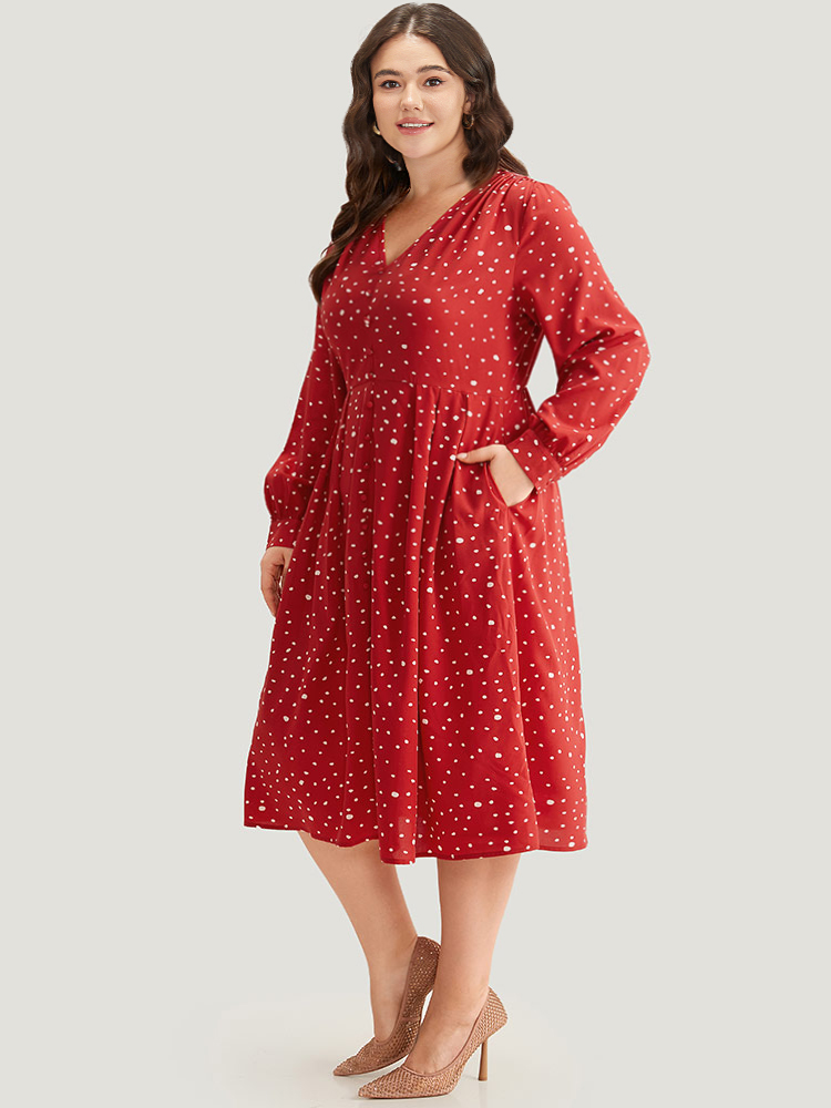 

Plus Size Polka Dot Button Detail Pleated Dress Crimson Women Elegant Printed V-neck Long Sleeve Curvy Midi Dress BloomChic