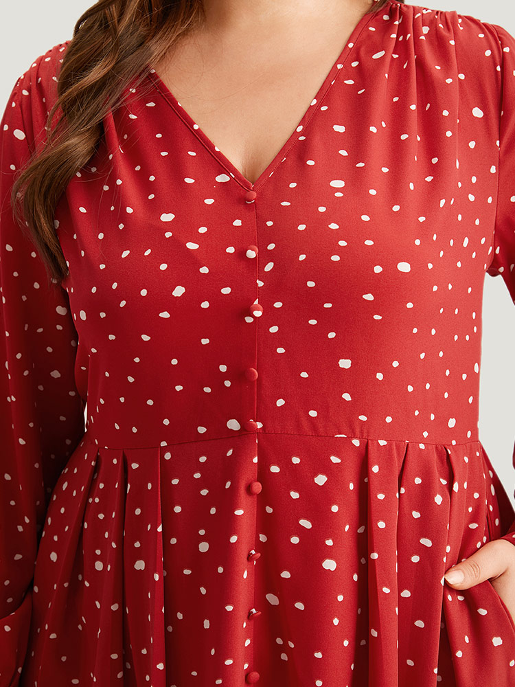 Plus Size Polka Dot Button Detail Pleated Dress Crimson Women Elegant Printed V-neck Long Sleeve Curvy Midi Dress BloomChic 10/M 