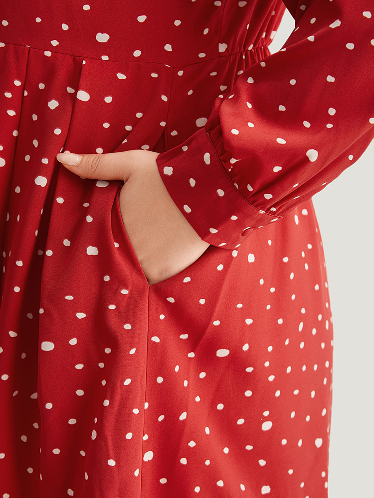 Plus Size Polka Dot Button Detail Pleated Dress Crimson Women Elegant Printed V-neck Long Sleeve Curvy Midi Dress BloomChic 10/M 