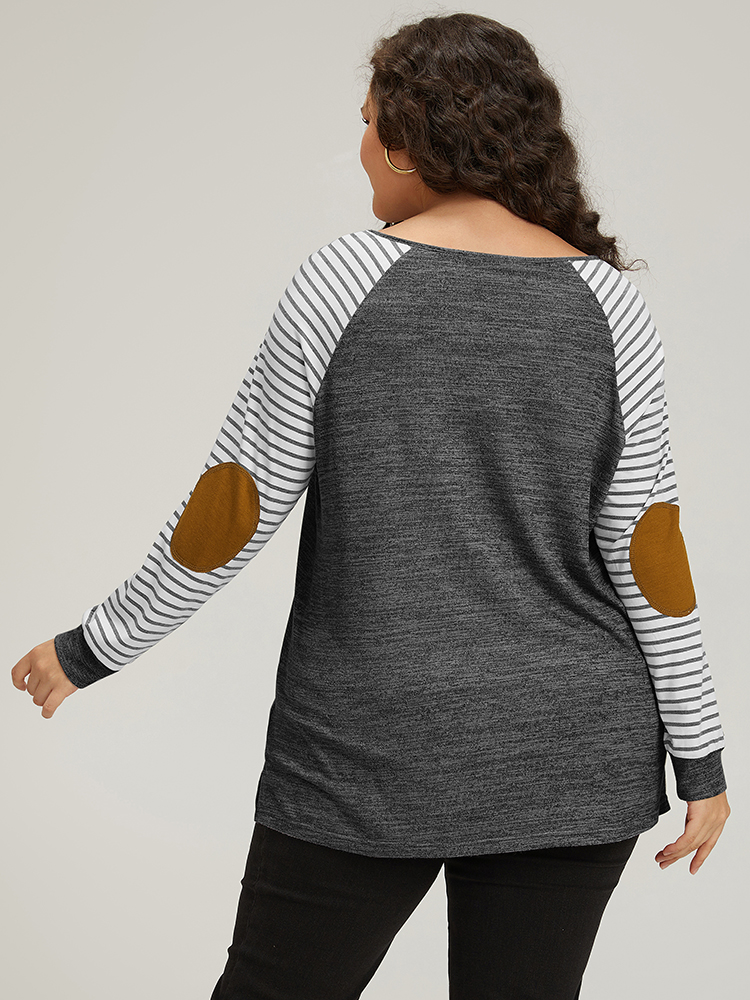 Plus Size Striped Raglan Sleeve Patched Split Side T-shirt DimGray Women Casual Contrast Striped Round Neck Dailywear T-shirts BloomChic 18-20/2X 