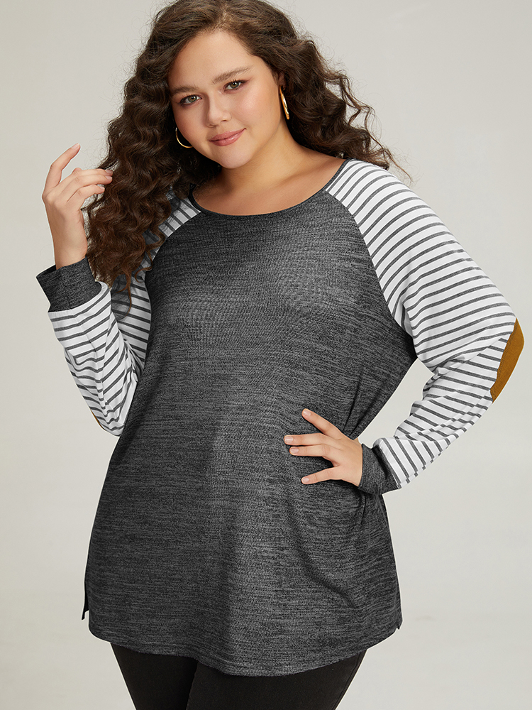 Plus Size Striped Raglan Sleeve Patched Split Side T-shirt DimGray Women Casual Contrast Striped Round Neck Dailywear T-shirts BloomChic 18-20/2X 