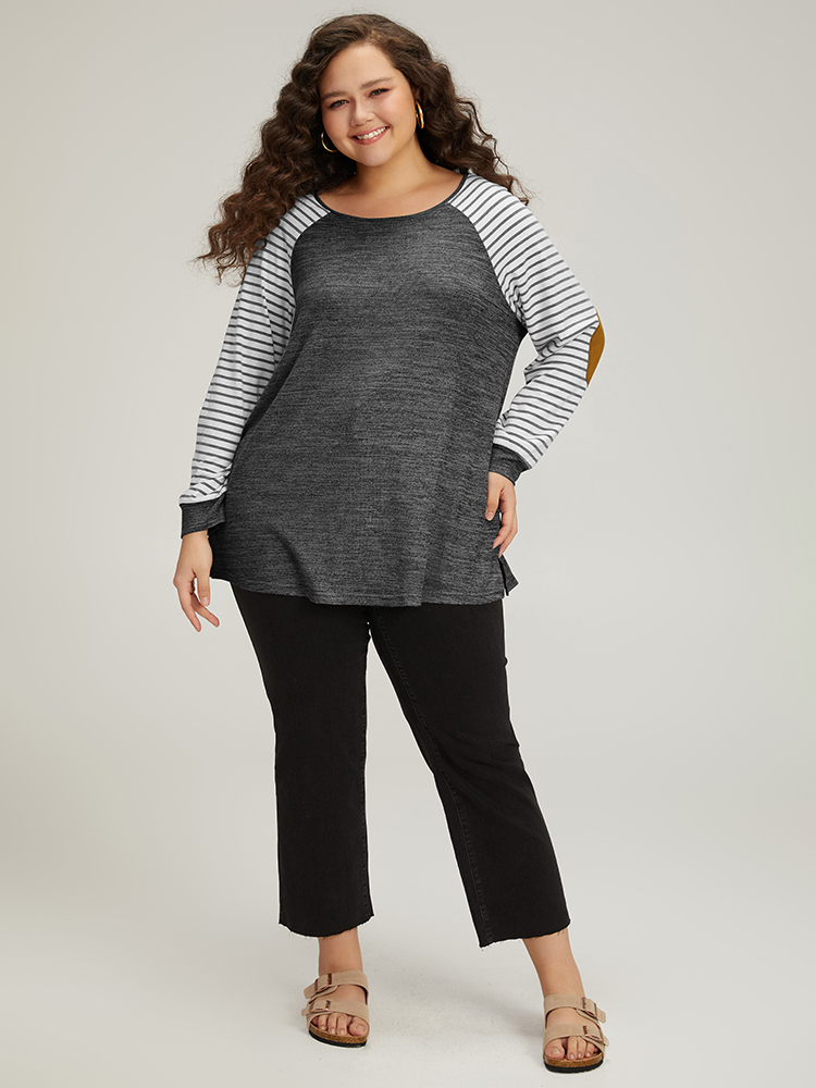 

Plus Size Striped Raglan Sleeve Patched Split Side T-shirt DimGray Women Casual Contrast Striped Round Neck Dailywear T-shirts BloomChic