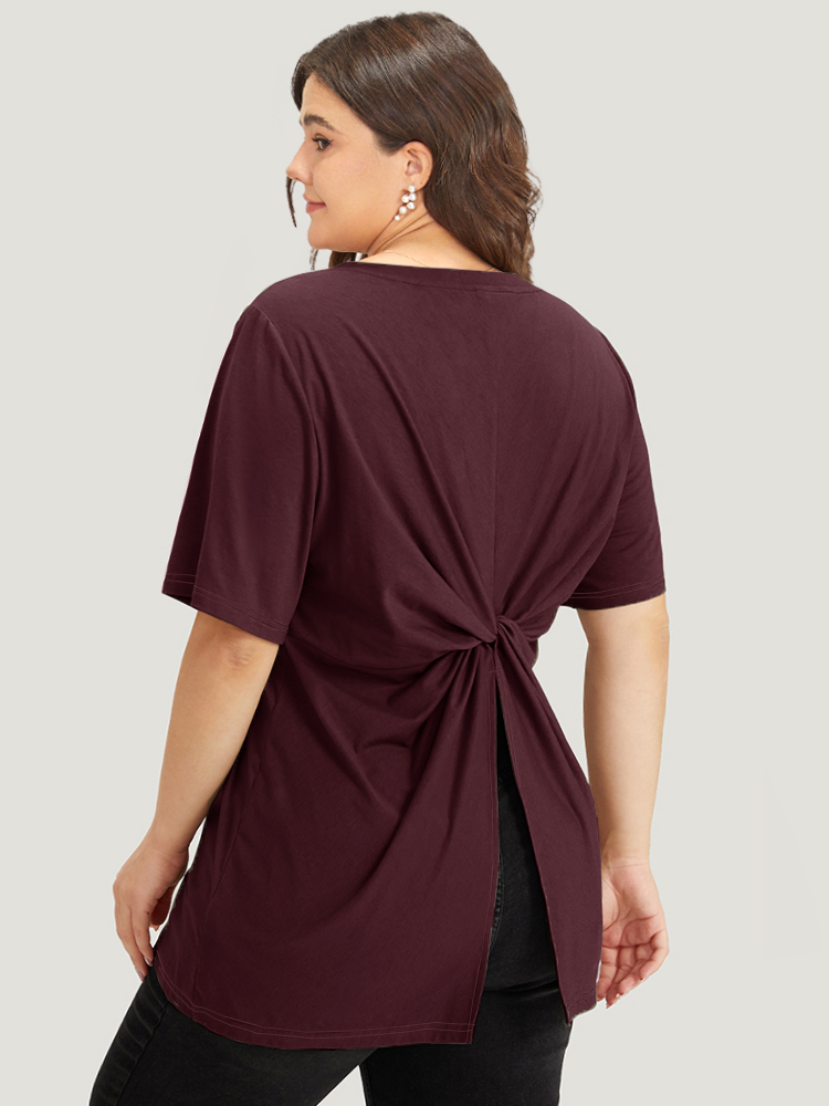 

Plus Size Solid Twist Back V Neck Short Sleeve T-shirt Burgundy Women Casual Plain Plain V-neck Dailywear T-shirts BloomChic