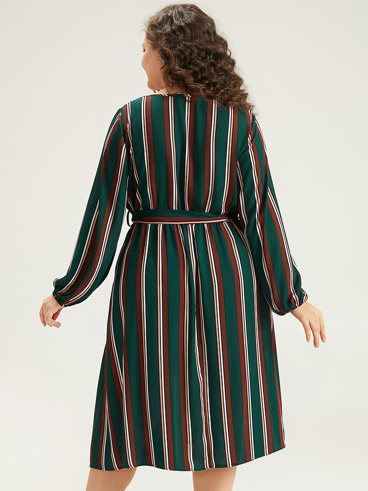 

Plus Size Striped Contrast Crew Neck Belted Dress Multicolor Women Office Elastic cuffs Round Neck Long Sleeve Curvy Midi Dress BloomChic