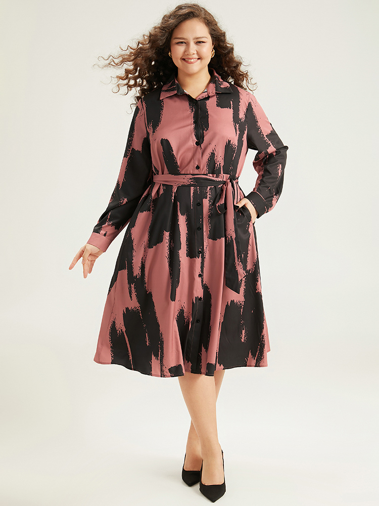 

Plus Size Brush Print Shirt Collar Pocket Belted Dress Multicolor Women Office Belted Shirt collar Long Sleeve Curvy Midi Dress BloomChic