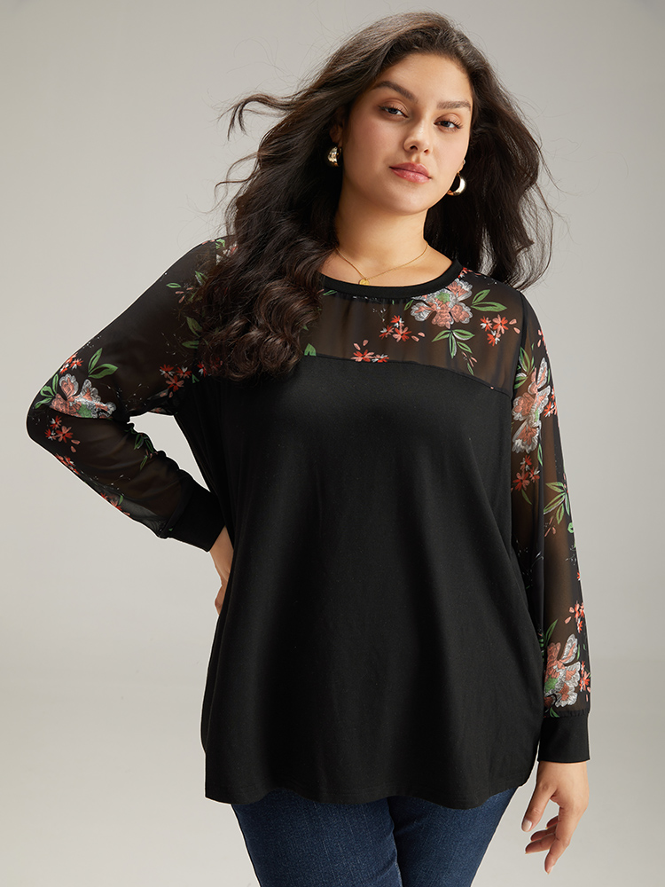 

Plus Size Floral Print Mesh Patchwork Crew Neck T-shirt Black Round Neck Long Sleeve Elegant Jersey Tops