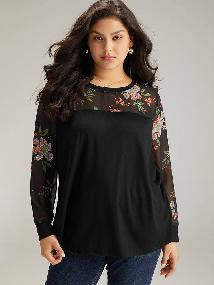 

Plus Size Floral Print Mesh Patchwork Crew Neck T-shirt Black Round Neck Long Sleeve Elegant Jersey Tops