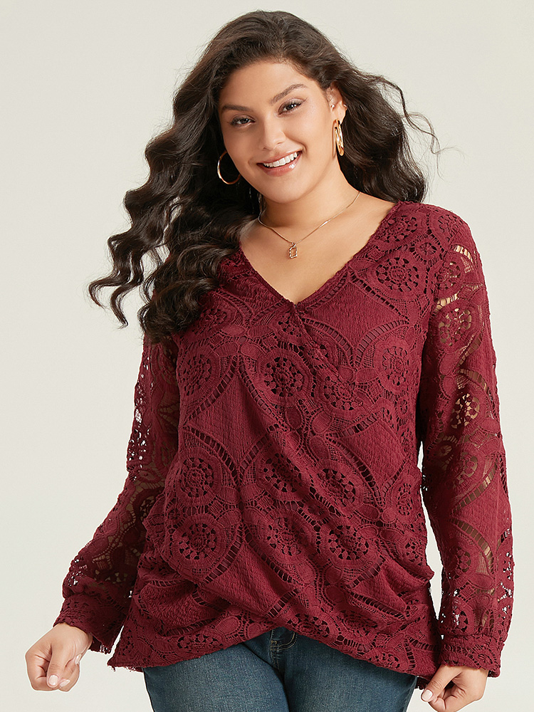 

Plus Size Scarlet Plain Embroidered Guipure Lace Wrap Blouse Women Elegant Long Sleeve V-neck Dailywear Blouses BloomChic