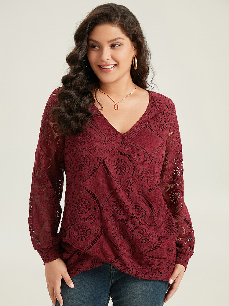 

Plus Size Scarlet Plain Embroidered Guipure Lace Wrap Blouse Women Elegant Long Sleeve V-neck Dailywear Blouses BloomChic