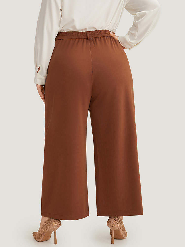 

Plus Size Solid Pocket Plicated Detail Pants Women Chocolate Office Straight Leg High Rise Work Pants BloomChic