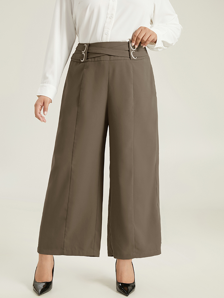 

Plus Size Anti-Wrinkle High Rise Control Metal Detail Pants Women DarkBrown Office Wide Leg High Rise Work Pants BloomChic