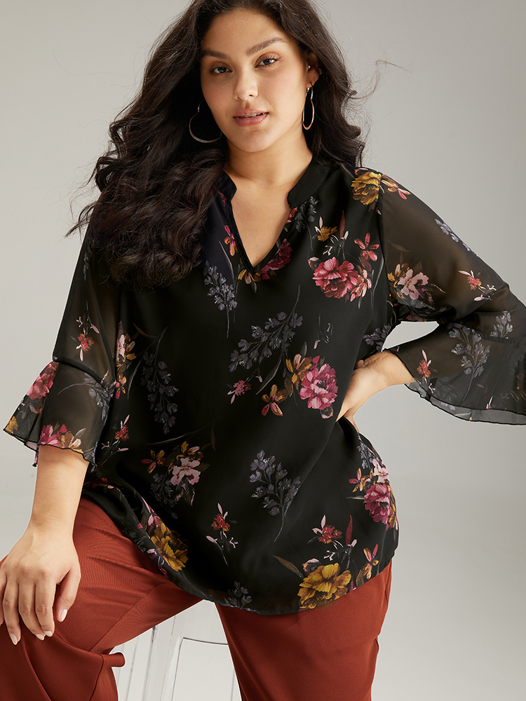 Plus Size Women Dailywear Floral Lined Ruffle Sleeve Long Sleeve V-neck Elegant Blouses BloomChic 