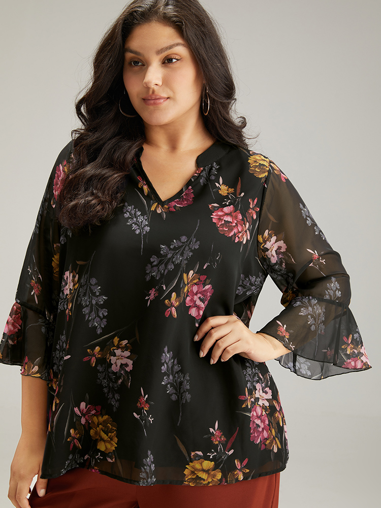 Plus Size Women Dailywear Floral Lined Ruffle Sleeve Long Sleeve V-neck Elegant Blouses BloomChic 